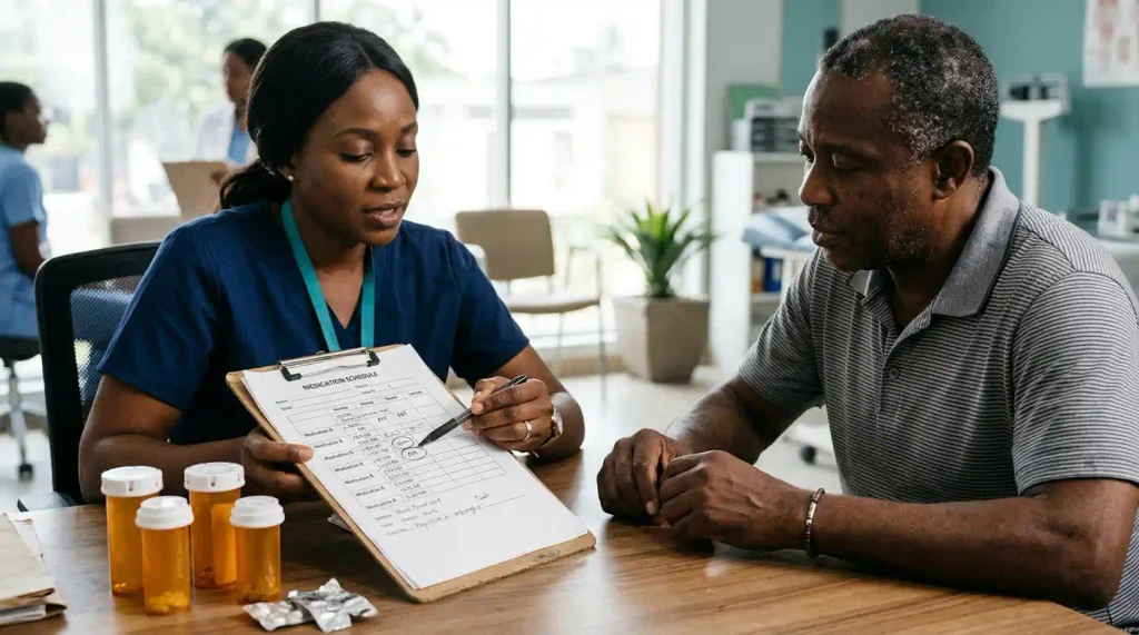 A healthcare professional and patient reviewing a medication schedule with medicine containers nearby.
