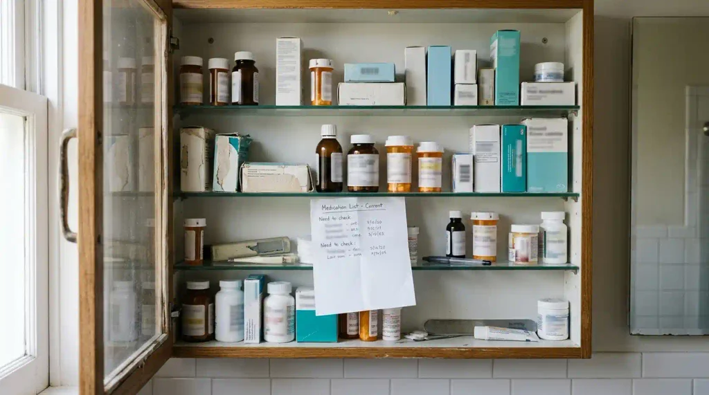 A home medicine cabinet containing several medicine containers.