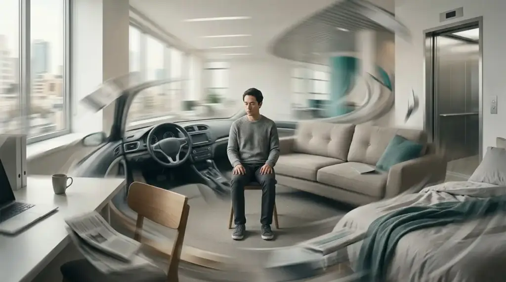Person sitting motionless as everyday environments blend and move around them