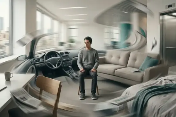 Person sitting motionless as everyday environments blend and move around them