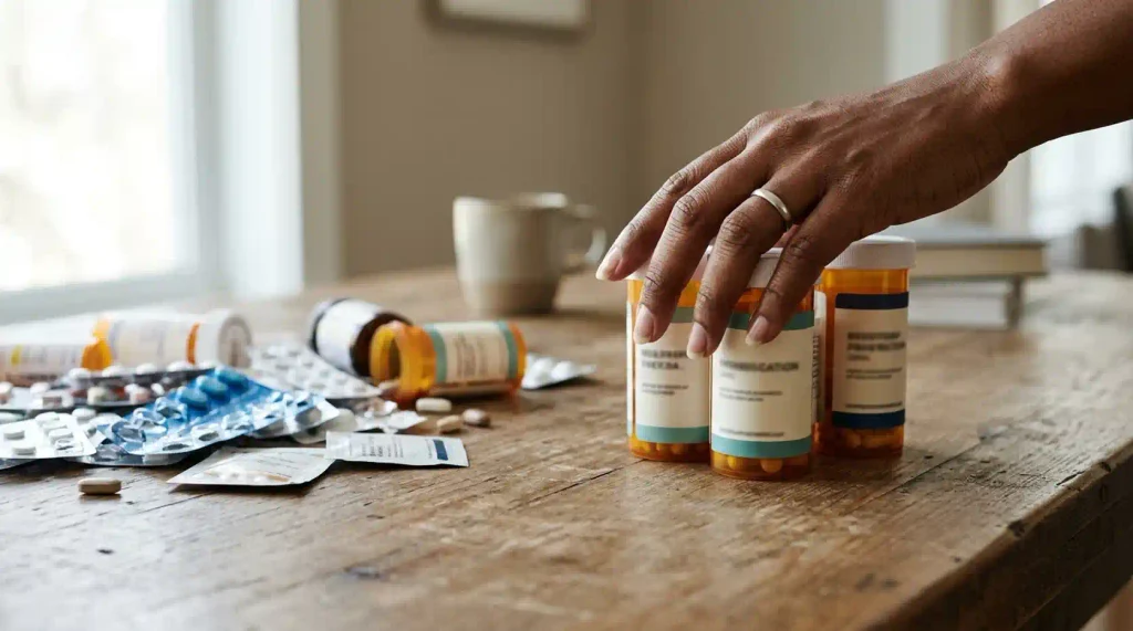 Well organized pill bottles separated from a disorganized collection of pills and medicines.
