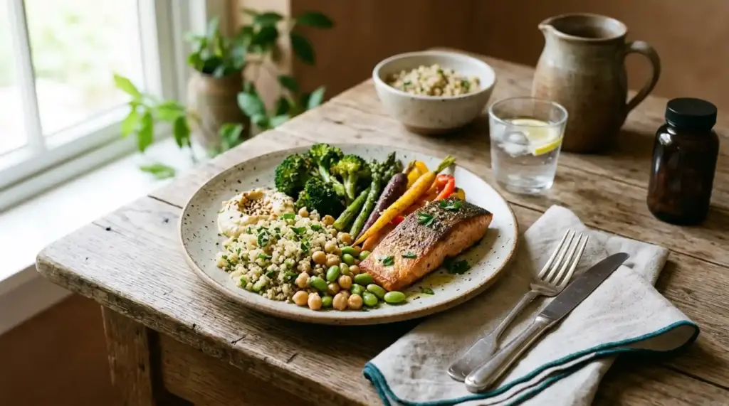 A balanced meal with a small unbranded supplement container placed discreetly beside the food.