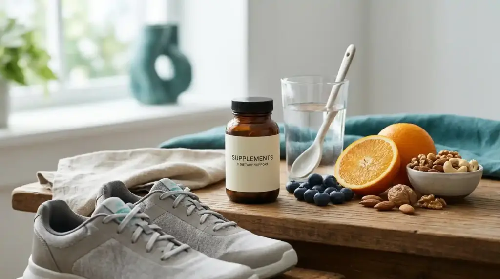 An unbranded supplement container beside fruit, nuts, a water bottle, and athletic shoes.