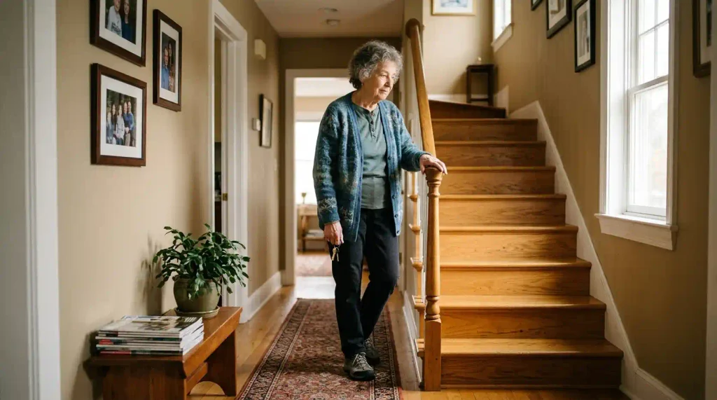An older adult holding a stair handrail while moving cautiously at home.