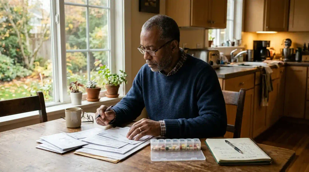 An adult reviewing household bills beside a medication organizer at home.