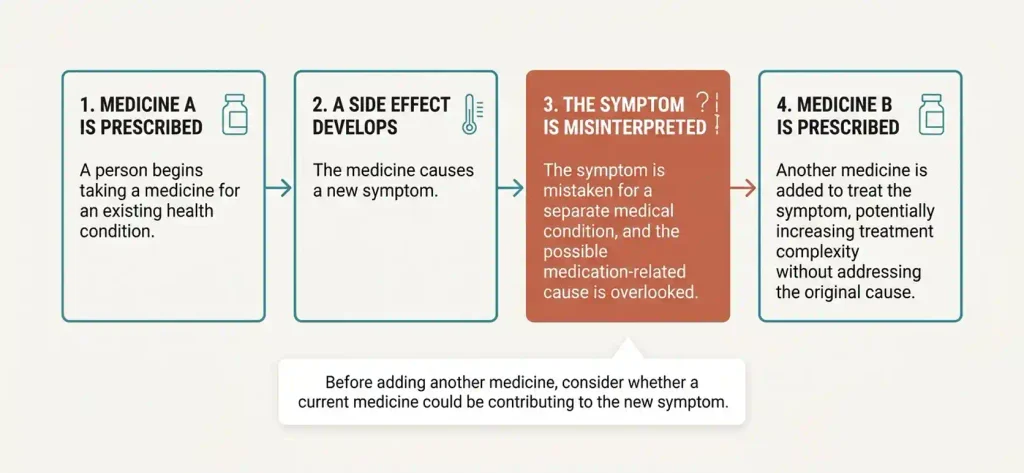 Flow diagram showing how a side effect from Medicine A may be mistaken for a new medical condition, leading to a prescription for Medicine B and potentially increasing treatment complexity.
