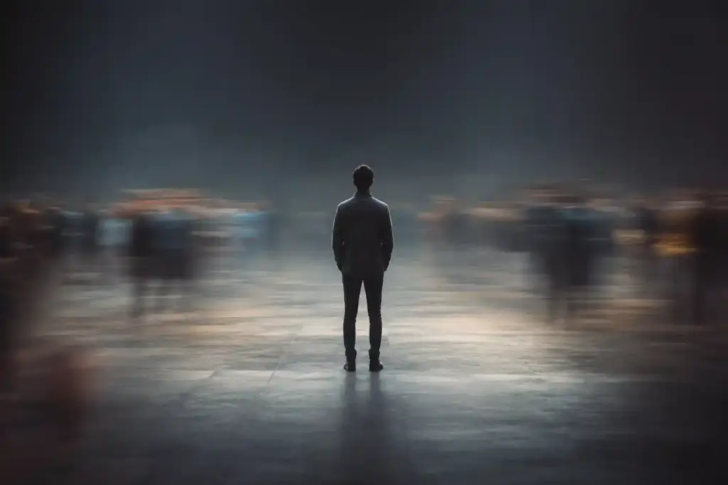 A sharply focused person stands alone with their back to the viewer as blurred crowds move around them, symbolizing the isolation associated with stigma.