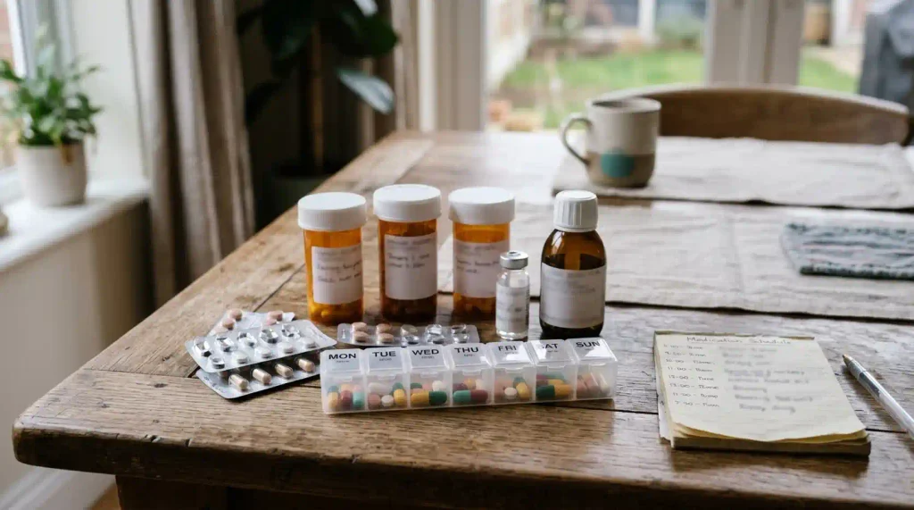 Different medicines and a medication schedule arranged on a home table.