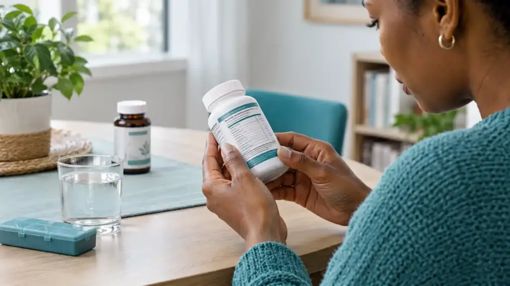An adult carefully reading a dietary supplement label beside a glass of water and a closed medicine organizer.