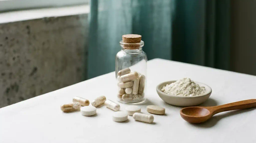 Vitamins, mineral tablets, and capsules arranged beside an unbranded supplement container.