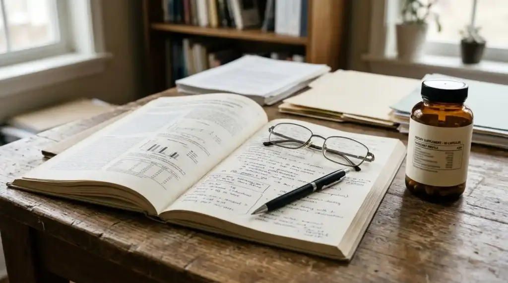 Scientific reading materials, a notebook, and an unbranded supplement container arranged on a research desk.
