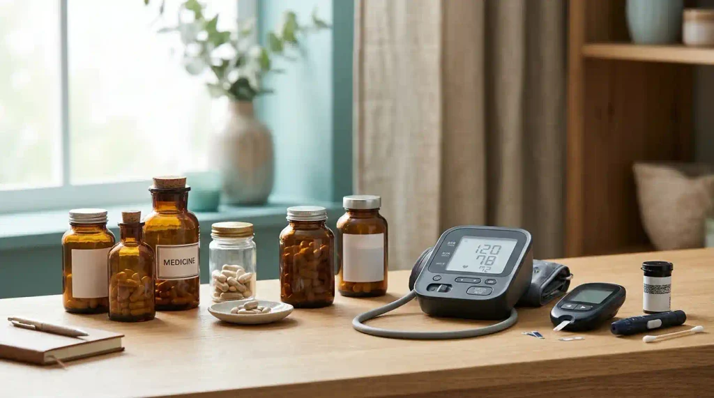 Organized medicines beside equipment used to monitor blood pressure and blood glucose.