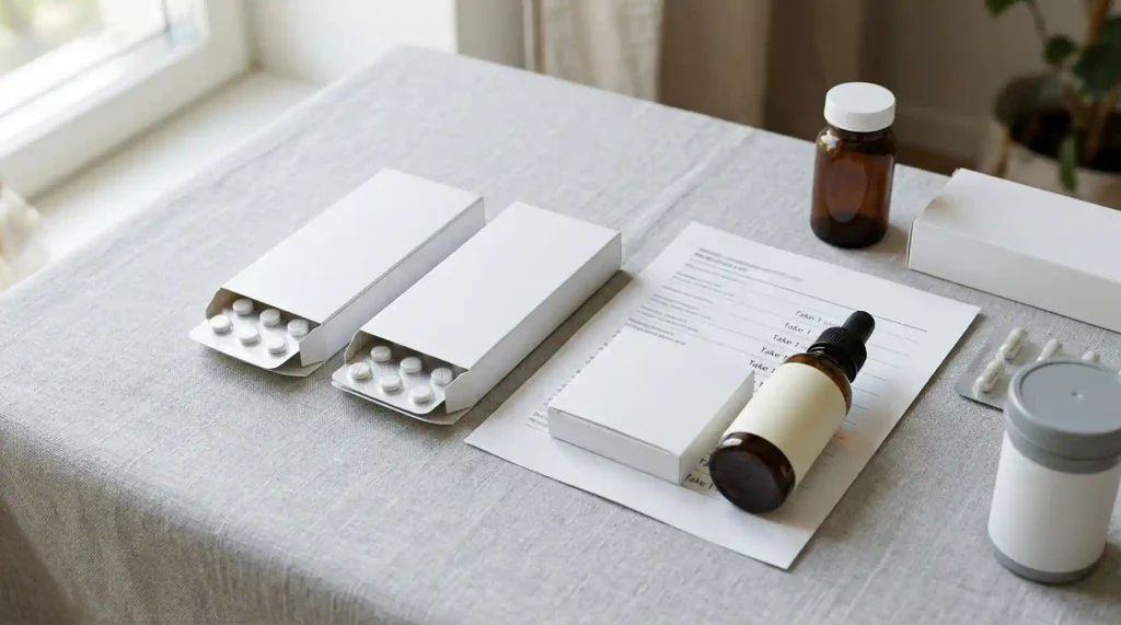 Similar medicine packages beside a partly obscured medication list.