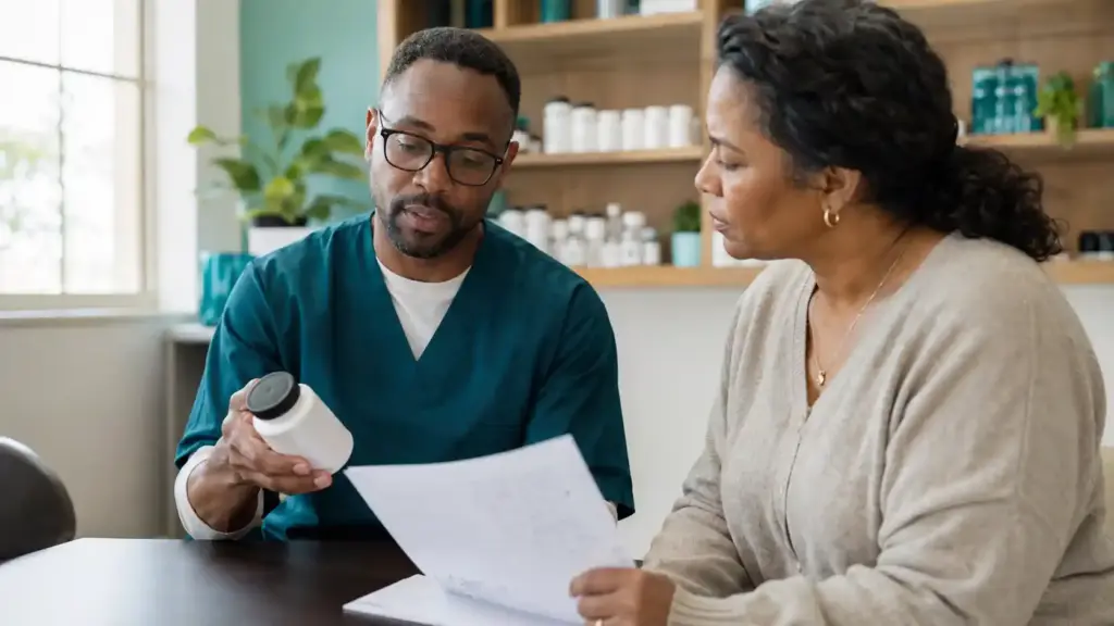 A healthcare professional reviewing a supplement container and notes with an adult.