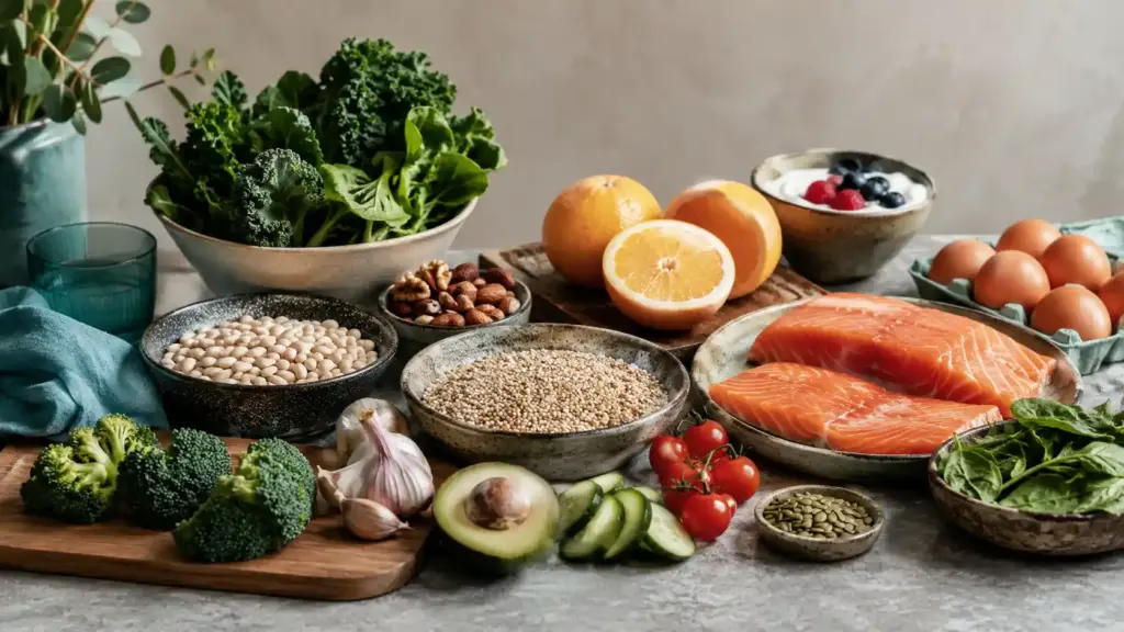 Vegetables, fruit, beans, eggs, fish, nuts, and whole grains representing dietary sources of essential nutrients.